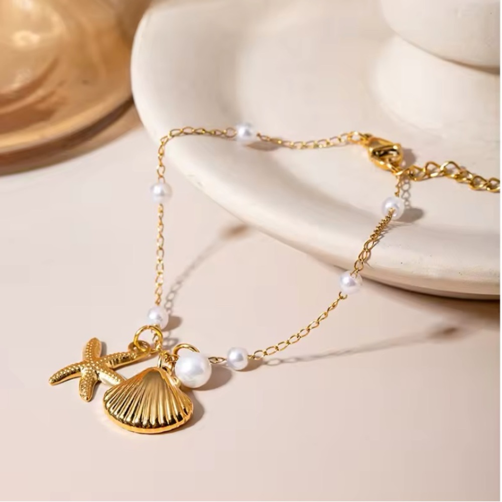 ◾️18K Gold Plated Shell Starfish Imitation Pearl Pendant Bracelet